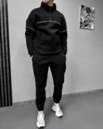 Мужской Базовый Черный Костюм под Горло с Кантом и Коротким Замком - Утепленный на Флисе