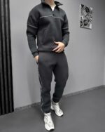 Мужской Базовый Графитовый Костюм под Горло с Кантом и Коротким Замком - Утепленный на Флисе