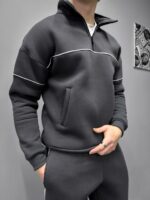 Мужской Базовый Графитовый Костюм под Горло с Кантом и Коротким Замком - Утепленный на Флисе