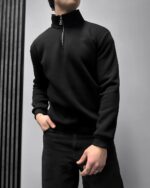 Мужская Черная Оверсайз Кофта под Горло - Свободного Кроя Теплая с Начесом