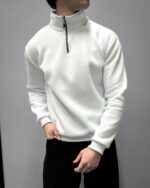 Мужская Белая Оверсайз Кофта под Горло - Свободного Кроя Теплая с Начесом