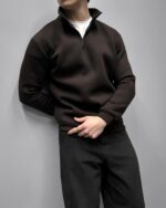 Мужская Коричневая Оверсайз Кофта под Горло - Свободного Кроя Теплая с Начесом