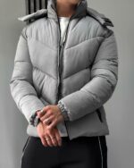 Мужская Демисезонная Серая Стеганая Куртка Пуховик с Высоким Горлом и Капюшоном