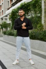 Мужская Приталенная Черная Рубашка - Базовая с Воротником Стойкой