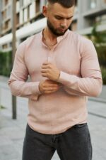 Мужская Приталенная Бежевая Рубашка - Базовая с Воротником Стойкой