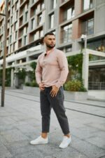 Мужская Приталенная Бежевая Рубашка - Базовая с Воротником Стойкой