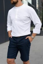 Мужская Приталенная Белая Рубашка - Базовая с Воротником Стойкой