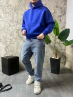 Мужское Утепленное Синее Худи Оверсайз на Флисе со Швами Наружу