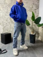 Мужское Утепленное Синее Худи Оверсайз на Флисе со Швами Наружу