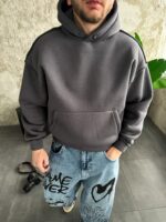Мужское Утепленное Темно-Серое Худи Оверсайз на Флисе со Швами Наружу