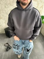 Мужское Утепленное Темно-Серое Худи Оверсайз на Флисе со Швами Наружу