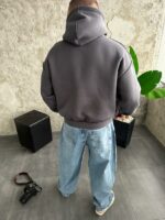 Мужское Утепленное Темно-Серое Худи Оверсайз на Флисе со Швами Наружу