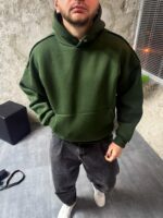 Мужское Утепленное Худи Хаки Оверсайз на Флисе со Швами Наружу