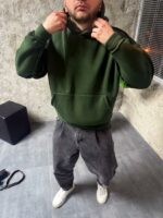 Мужское Утепленное Худи Хаки Оверсайз на Флисе со Швами Наружу