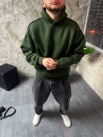 Мужское Утепленное Худи Хаки Оверсайз на Флисе со Швами Наружу
