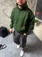 Мужское Утепленное Худи Хаки Оверсайз на Флисе со Швами Наружу