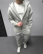 Мужской Базовый Серый Костюм Утепленный на Флисе - Зип Худи + Штаны Джоггеры