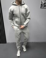 Мужской Базовый Серый Костюм Утепленный на Флисе - Зип Худи + Штаны Джоггеры