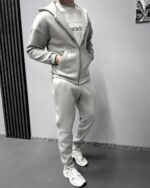 Мужской Базовый Серый Костюм Утепленный на Флисе - Зип Худи + Штаны Джоггеры