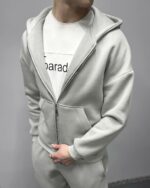 Мужской Базовый Серый Костюм Утепленный на Флисе - Зип Худи + Штаны Джоггеры