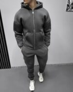 Мужской Базовый Темно-Серый Костюм Утепленный на Флисе - Зип Худи + Штаны Джоггеры
