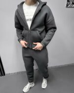 Мужской Базовый Темно-Серый Костюм Утепленный на Флисе - Зип Худи + Штаны Джоггеры