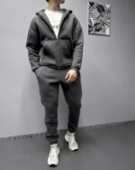 Мужской Базовый Темно-Серый Костюм Утепленный на Флисе - Зип Худи + Штаны Джоггеры