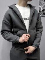 Мужской Базовый Темно-Серый Костюм Утепленный на Флисе - Зип Худи + Штаны Джоггеры