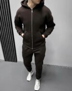 Мужской Базовый Коричневый Костюм Утепленный на Флисе - Зип Худи + Штаны Джоггеры