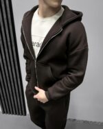 Мужской Базовый Коричневый Костюм Утепленный на Флисе - Зип Худи + Штаны Джоггеры