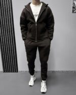 Мужской Базовый Коричневый Костюм Утепленный на Флисе - Зип Худи + Штаны Джоггеры