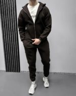 Мужской Базовый Коричневый Костюм Утепленный на Флисе - Зип Худи + Штаны Джоггеры