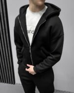 Мужской Базовый Черный Костюм Утепленный на Флисе - Зип Худи + Штаны Джоггеры