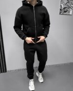 Мужской Базовый Черный Костюм Утепленный на Флисе - Зип Худи + Штаны Джоггеры