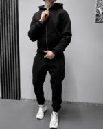 Мужской Базовый Черный Костюм Утепленный на Флисе - Зип Худи + Штаны Джоггеры