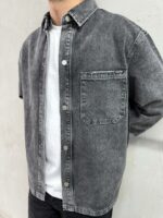 Мужская Темно-Серая Джинсовка Свободного Кроя на Кнопках с Потертостями