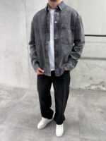 Мужская Темно-Серая Джинсовка Свободного Кроя на Кнопках с Потертостями