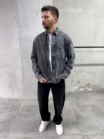 Мужская Темно-Серая Джинсовка Свободного Кроя на Кнопках с Потертостями