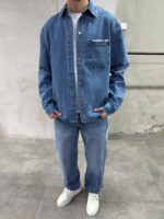 Мужская Синяя Джинсовка Свободного Кроя на Кнопках с Потертостями