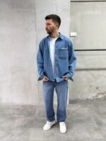 Мужская Синяя Джинсовка Свободного Кроя на Кнопках с Потертостями