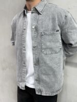 Мужская Серая Джинсовка Свободного Кроя на Кнопках с Потертостями