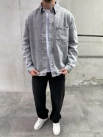 Мужская Серая Джинсовка Свободного Кроя на Кнопках с Потертостями