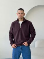 Мужская Теплая Флисовая Коричневая Кофта с Высокой Горловиной на Коротком Замке