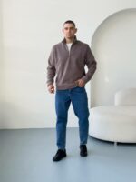 Мужская Теплая Флисовая Кофта Мокко с Высокой Горловиной на Коротком Замке