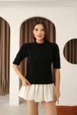 Женский Черный Свитер с Короткими Рукавами-Фонариками - Теплая Футболка