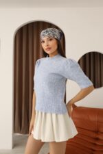 Женский Голубой Свитер с Короткими Рукавами-Фонариками - Теплая Футболка