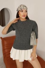 Женский Графитовый Свитер с Короткими Рукавами-Фонариками - Теплая Футболка