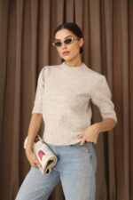 Женский Бежевый Свитер с Короткими Рукавами-Фонариками - Теплая Футболка