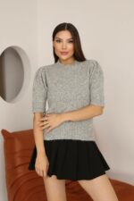 Женский Серый Свитер с Короткими Рукавами-Фонариками - Теплая Футболка