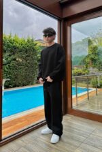 Мужской Утепленный Черный Костюм Оверсайз на Флисе (Свитшот + Штаны)